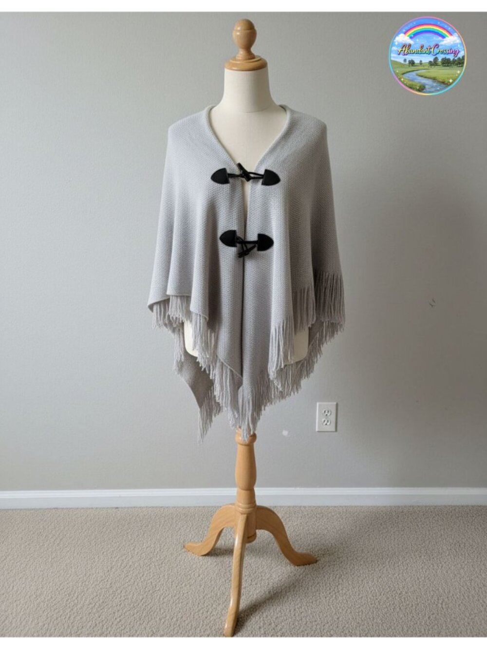 Acrylic Poncho Cape Shawl with Horn Buttons V Neck V Hem Fringe